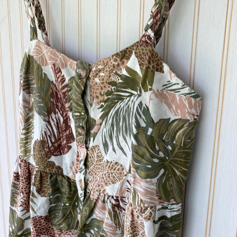 Beachlunchlounge Tropical Leaf Print Dress Linen Cotton XS